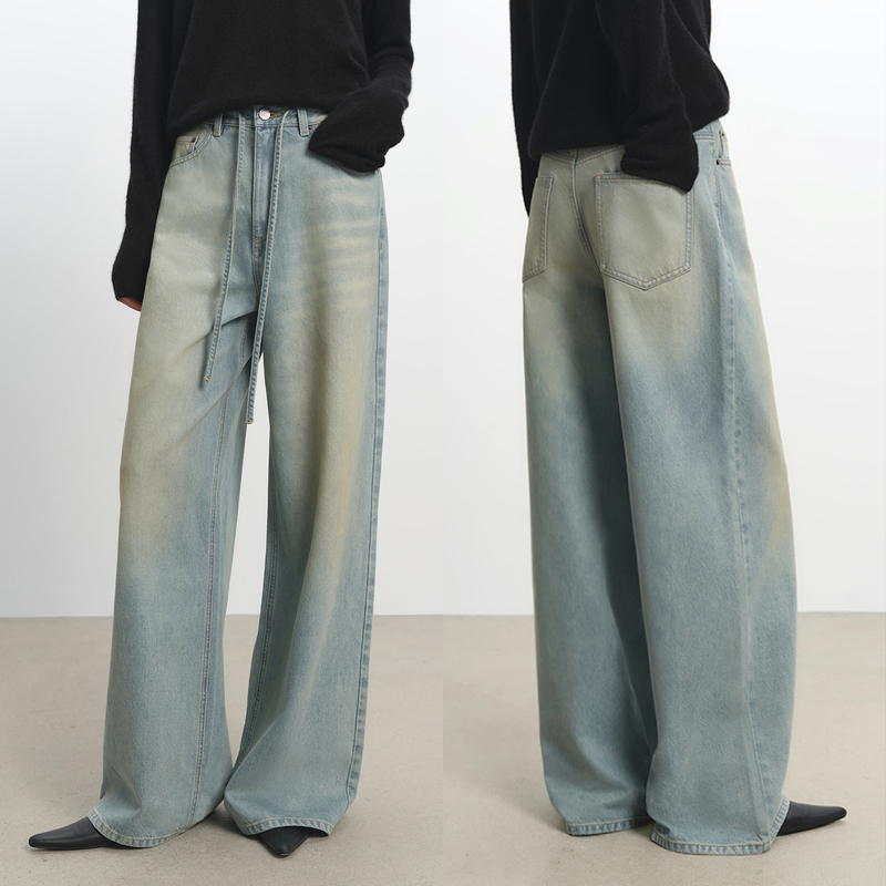 Msbeast American Retro Mud-Dyed Distressed Washed Denim Mid-Low Waist Relaxed Fit Lace-Up Floor-Length Wide-Leg Pants Msbeast American Retro Mud-Dyed Distressed Washed Denim Mid-Low Waist Relaxed Fit Lace-Up Floor-Length Wide-Leg Pants