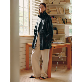 Msbeast British Ultra-Thin Sheepskin Funnel Collar Ruched Waist Closed-Fitting Velvet Lining Leather Jacket | Soft Leather Trench Coat