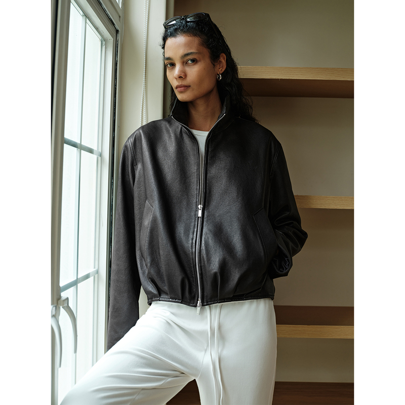 Msbeast Turkish Flexible Vegetable-Tanned Sheepskin Stand-Up Collar Pleated Hem Leather Jacket | Light Oxygen Leather Jacket