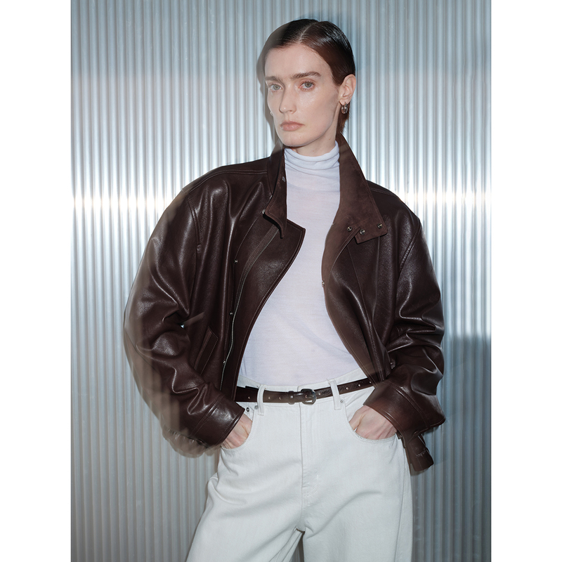 Msbeast Saudi Suede Leather Stand-Up Collar Patchwork Waxed Sheepskin L*Mair Silhouette Leather Jacket | Moss Gravity