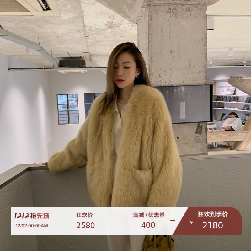 MSBEAST imported Tuscan fur one female short lamb fur winter coat V collar coat