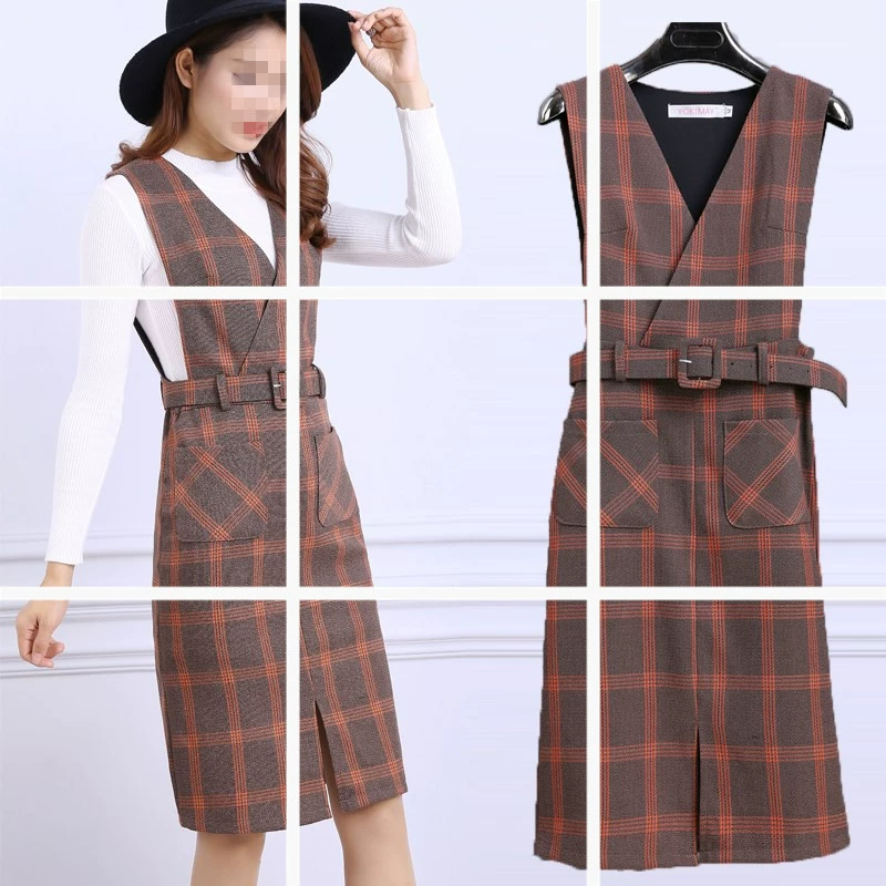 Mùa xuân và mùa thu Phiên bản Hàn Quốc mới của chiếc váy kẻ sọc nữ Slim là chiếc váy vest mỏng cổ chữ V