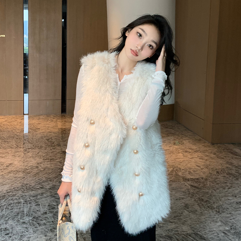 White Fur Coat, Autumn and Winter Thickened Vest for Women, Faux Fox Fur Vest, Loose and Slimming Coat
