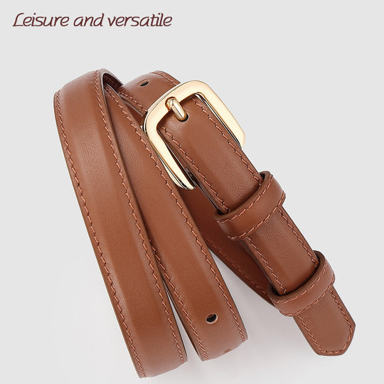 Elegant and Noble Brown Simple Korean Style Women's Belt, Genuine Leather Versatile First Layer Cowhide Thin Belt for Jeans