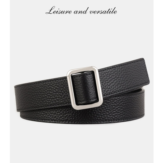 French Row Minimalist Stylish Square Buckle Belt Casual Versatile Matching with Skirts Leather Belt First Layer Cowhide Pebbled & Fine Grain