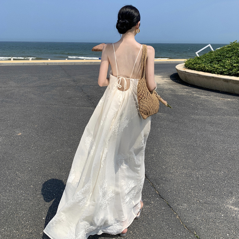 White Fairy-Like Beach Vacation Dress, Loose Long Embroidered Flared Elegant Spaghetti Strap Dress for Women in Summer