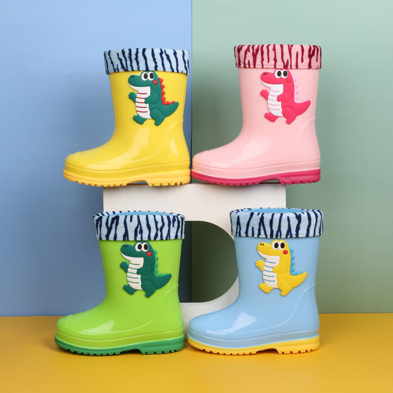 Children's dinosaur cartoon rain boots boys and girls plus cotton velvet rain boots children middle and big children waterproof shoes primary school students water boots