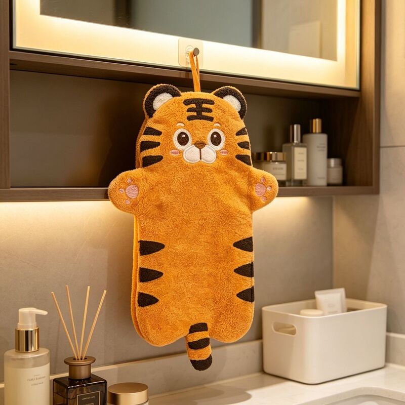 Creative Cartoon Little Tiger Oversized Thickened Coral Fleece Hand Towel for Kitchen and Bathroom, Household Hanging Towel