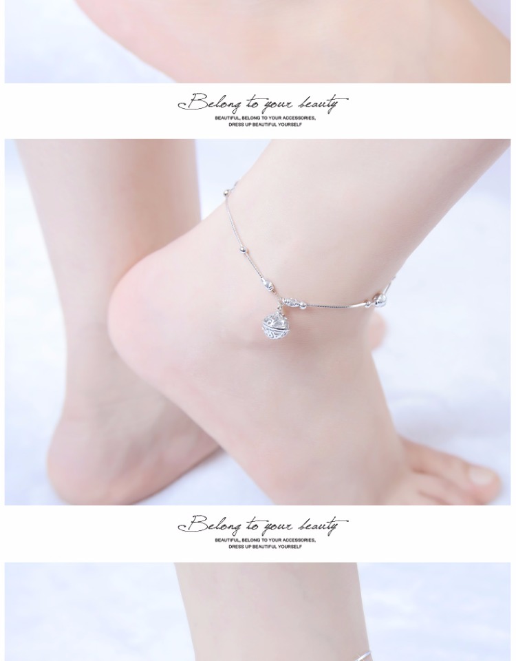 Chính hãng S990 sterling bạc vòng chân nữ cung chuông rỗng trung chuyển hạt tròn hạt thời trang cá tính đơn giản chân bạc quà tặng trang trí lắc chân nữ vàng đẹp