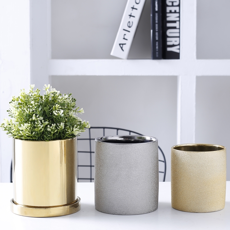 Bình gốm sứ mạ điện với khay cắm hoa tròn bình hoa Bắc Âu trang trí phòng cưới trang trí bình vàng không có lỗ chậu - Vase / Bồn hoa & Kệ giỏ treo hoa ban công