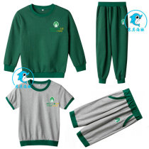  Amier childrens home service Spring and autumn dark green school uniform Kindergarten embroidery short-sleeved gray top three-point pants class service