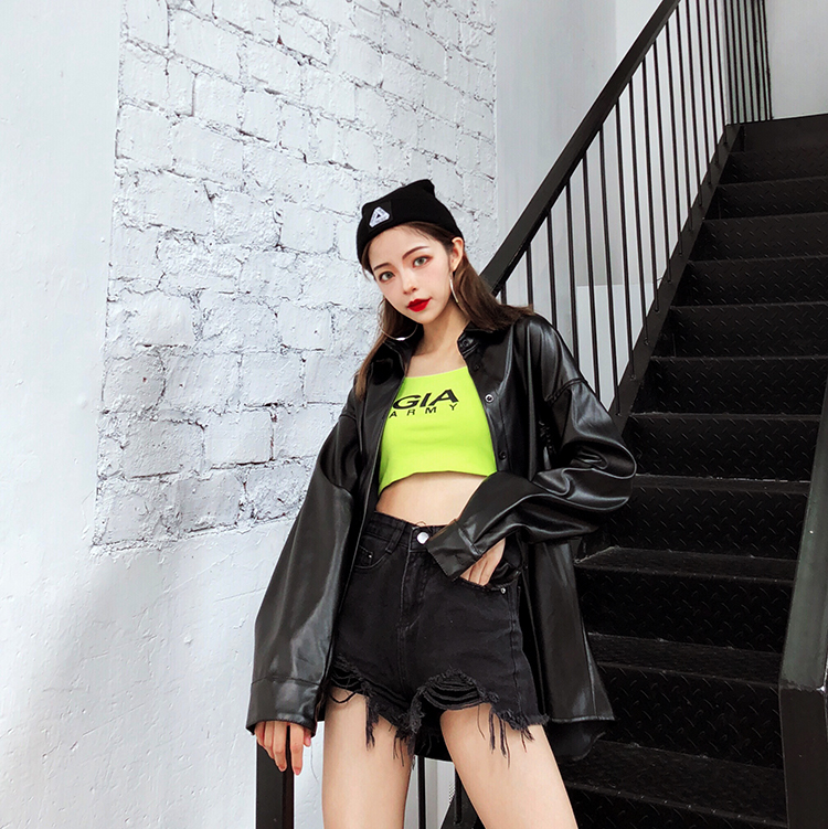 Mùa xuân và mùa thu Cảng da gió sinh viên bf phong cách Harajuku áo khoác nữ hip hop Phiên bản Hàn Quốc của làn sóng xã hội lỏng lẻo áo da biker