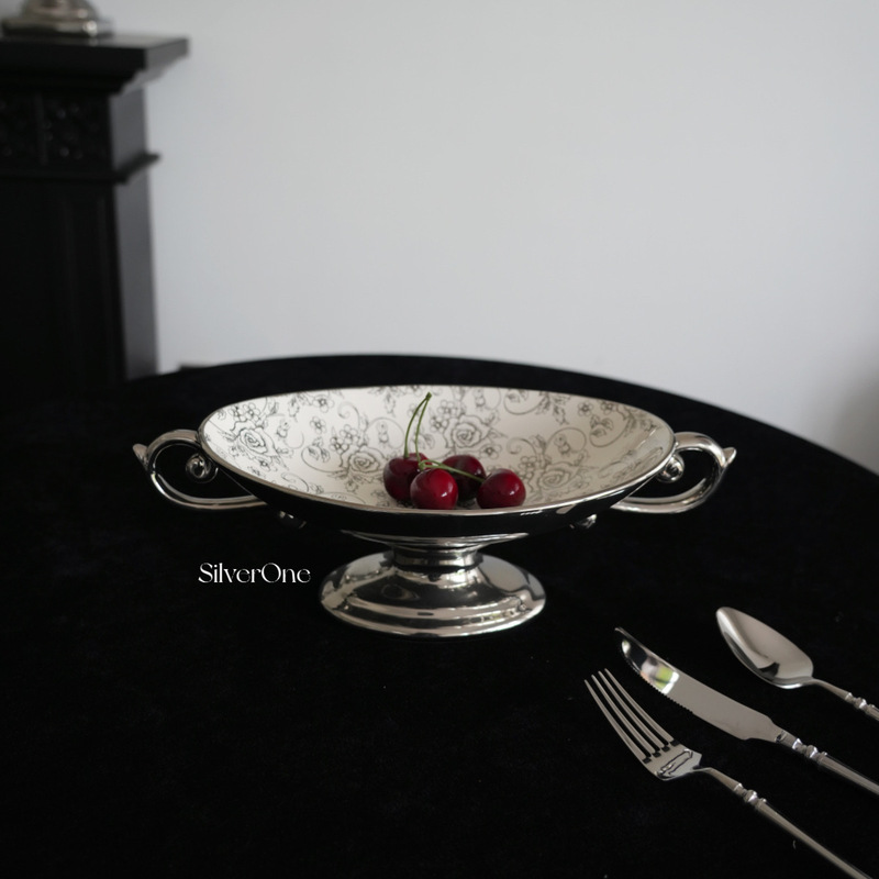Silverone French Retro Style Silver Rose Pattern Ceramic Fruit Plate Living Room Coffee Table Tall Plate Ornaments