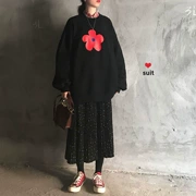 Áo dài in hoa CHIC Hàn Quốc cộng với áo len nhung + váy chấm bi xếp li