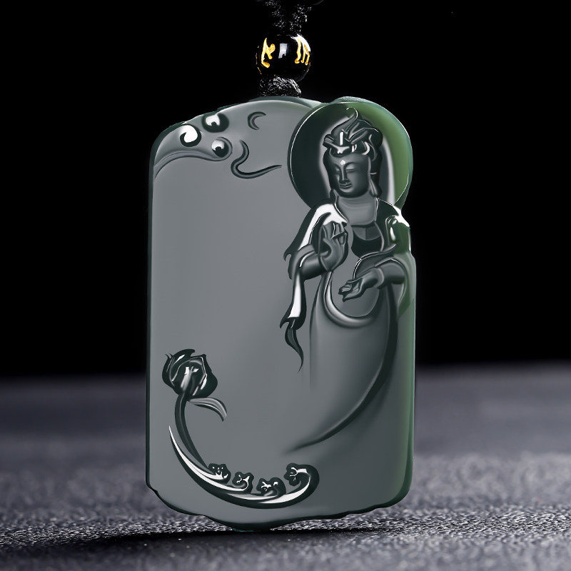 Genuine Hetian jade Guanyin jade pendant Xinjiang sapphire men's Guanyin Bodhisattva jade pendant jade pendant jade card with certificate