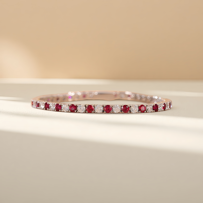 Fashionable and Versatile Four-Prong 3mm Cultured Ruby Tennis Silver Bracelet with Full Diamond Inlay, Suitable for Layering, Made of 925 Silver Fashionable and Versatile Four-Prong 3mm Cultured Ruby Tennis Silver Bracelet with Full Diamond Inlay, Suitable for Layering, Made of 925 Silver