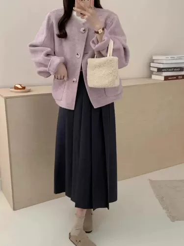 Розово-фиолетовое сиреневое двусторонное кашемировое короткое шерстяное шерстяное пальто, тренд сезона, оверсайз, подходит для подростков