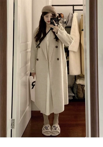 Двусторонное шерстяное длинное шерстяное пальто, средней длины, свободный крой, подходит для подростков