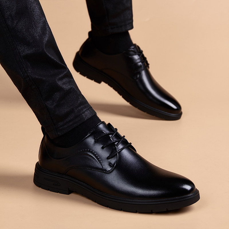 Round Head Leather Shoes Men's Youth Han Edition Business Positive Dress Men Shoes Heightening Inglén Trend Genuine Leather Soft Bottom Casual Leather Shoes Man