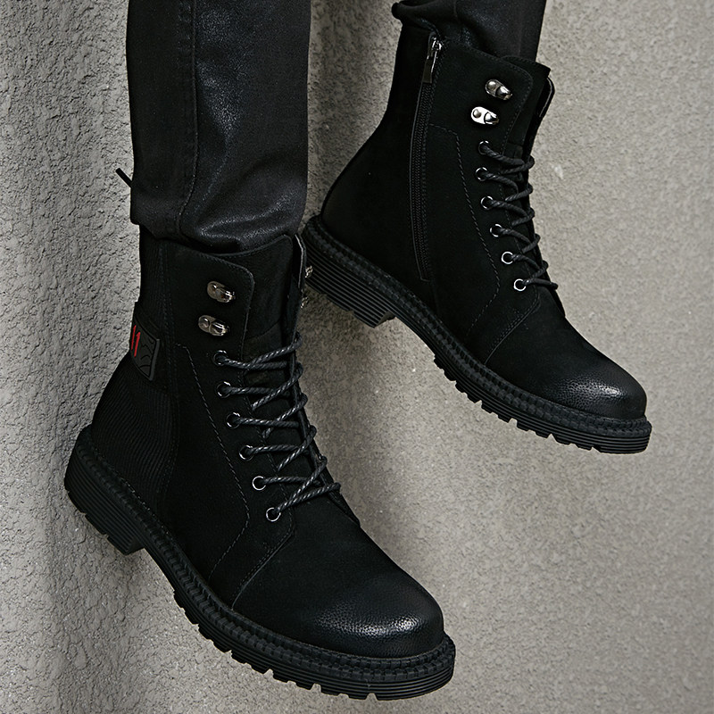 Spring men's boots Korean version trendy 100 hitch mid-cylinder Martin boots Inn leather leather shoes men's heightening high cylinder breathable tooling boots man