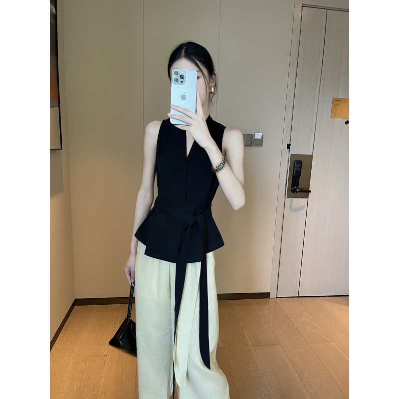 Pinkeen Black V Neck Sleeveless Lace-Up Shirt for Women Summer 2026 New Style Covering the Flesh and Showing Slimming Elegant Work Clothing Top