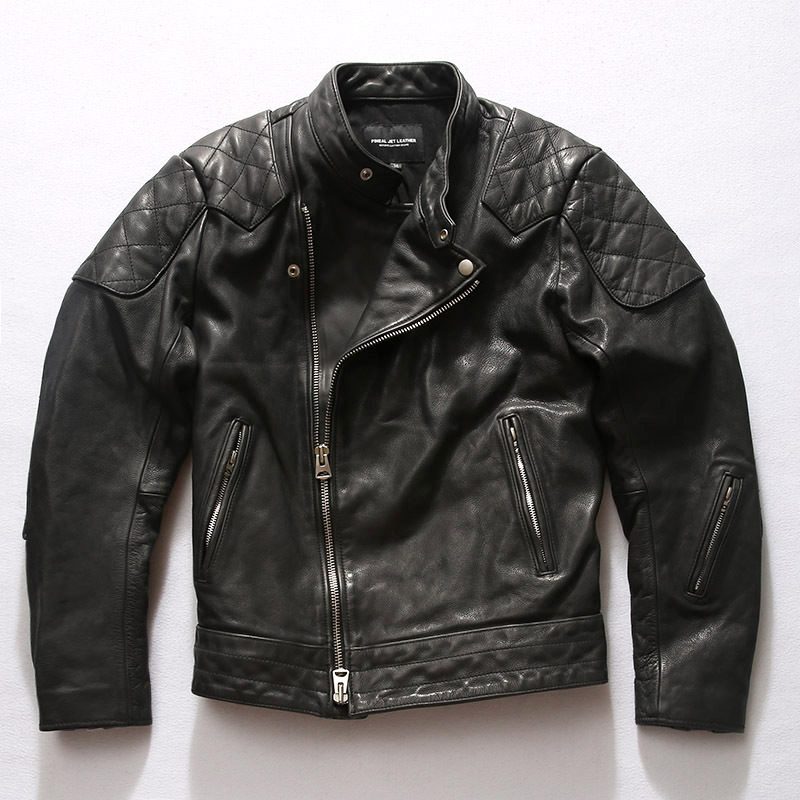 Bekham-Style Stand-Collar Motorcycle Leather Jacket with Double Diagonal Zippers, Heavy-Duty Washed Vegetable-Tanned Cowhide Leather Men's Coat