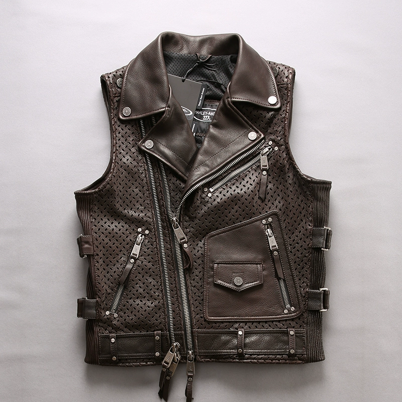 Áo khoác da nam phù hợp với áo vest Harley, áo vest có khóa kéo chéo bằng da, áo vest bằng da thoáng khí - Dệt kim Vest
