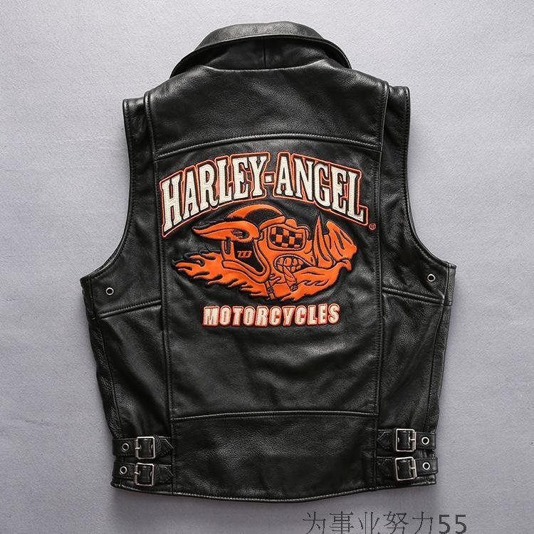 Genuine Leather Vest, Unisex Couple Style, Lapel with Diagonal Zipper, Lucky Pig Harley Motorcycle Vest, Embroidered Cowhide Vest