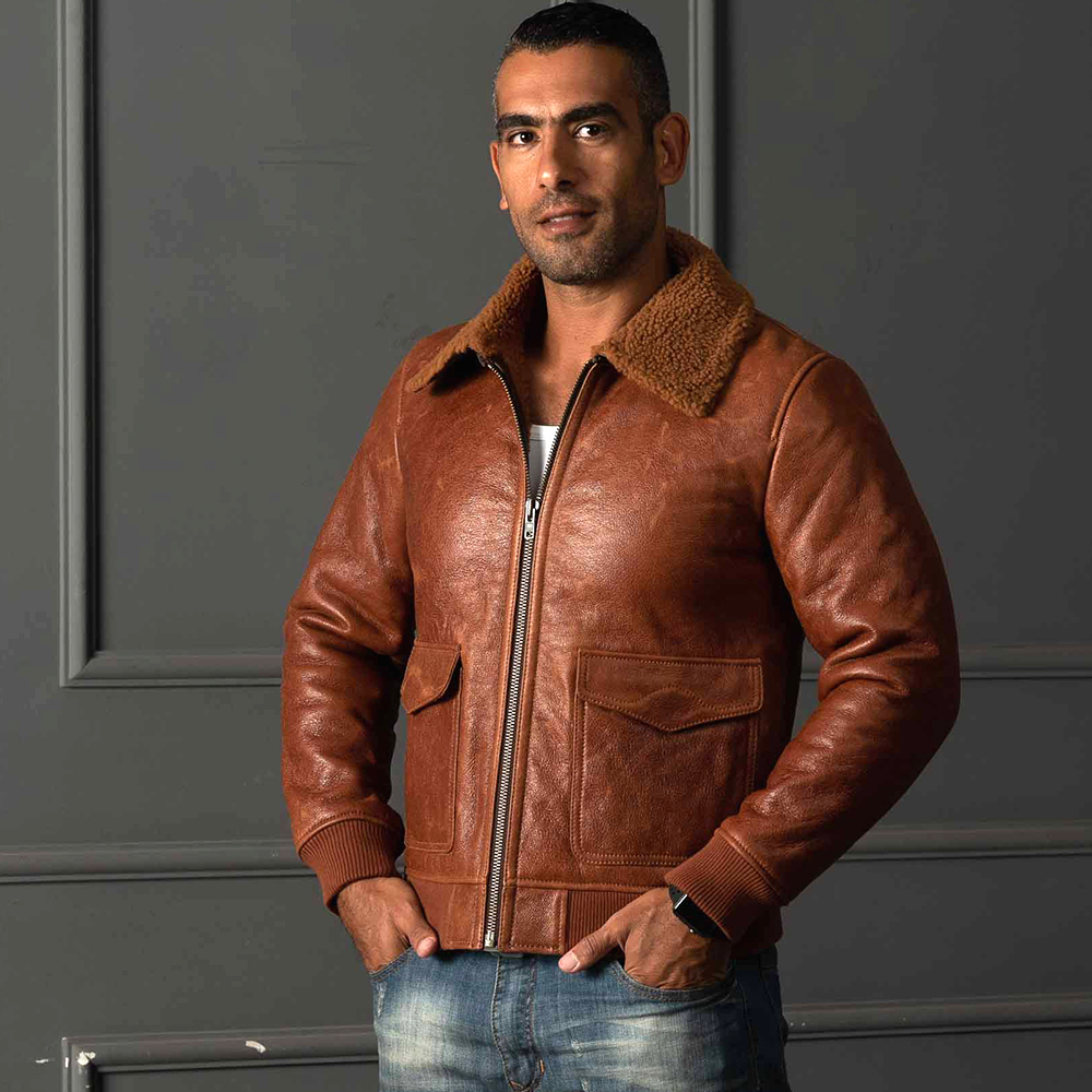 AVFLY fur one-piece men lapel flight jacket Oil wax leather leather sheepskin jacket