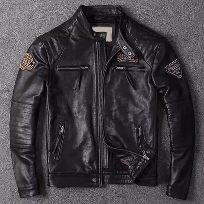 Special clearance genuine leather leather clothes Men's stand-up collar motorcycle clothes leather jacket short first layer calfskin embroidered leather jacket
