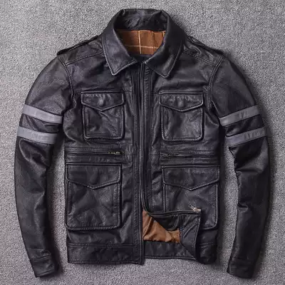 Special clearance to pick up leaks Resident Evil leather leather men's first layer cowhide multi-pocket slim motorcycle suit jacket