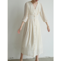 SS STUDIO French dress early autumn gentle V-collar apricot color texture high waist pearl buckle over knee
