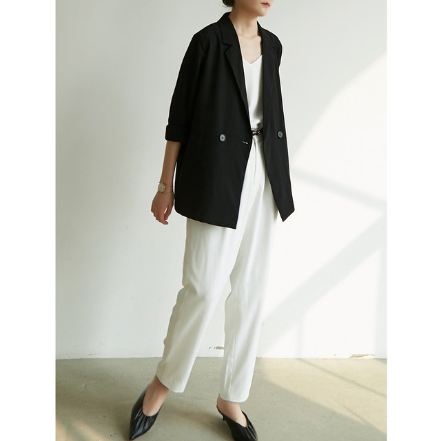 SSSTUDIO black thin suit jacket women's summer commuting fashionable silhouette casual loose professional small suit