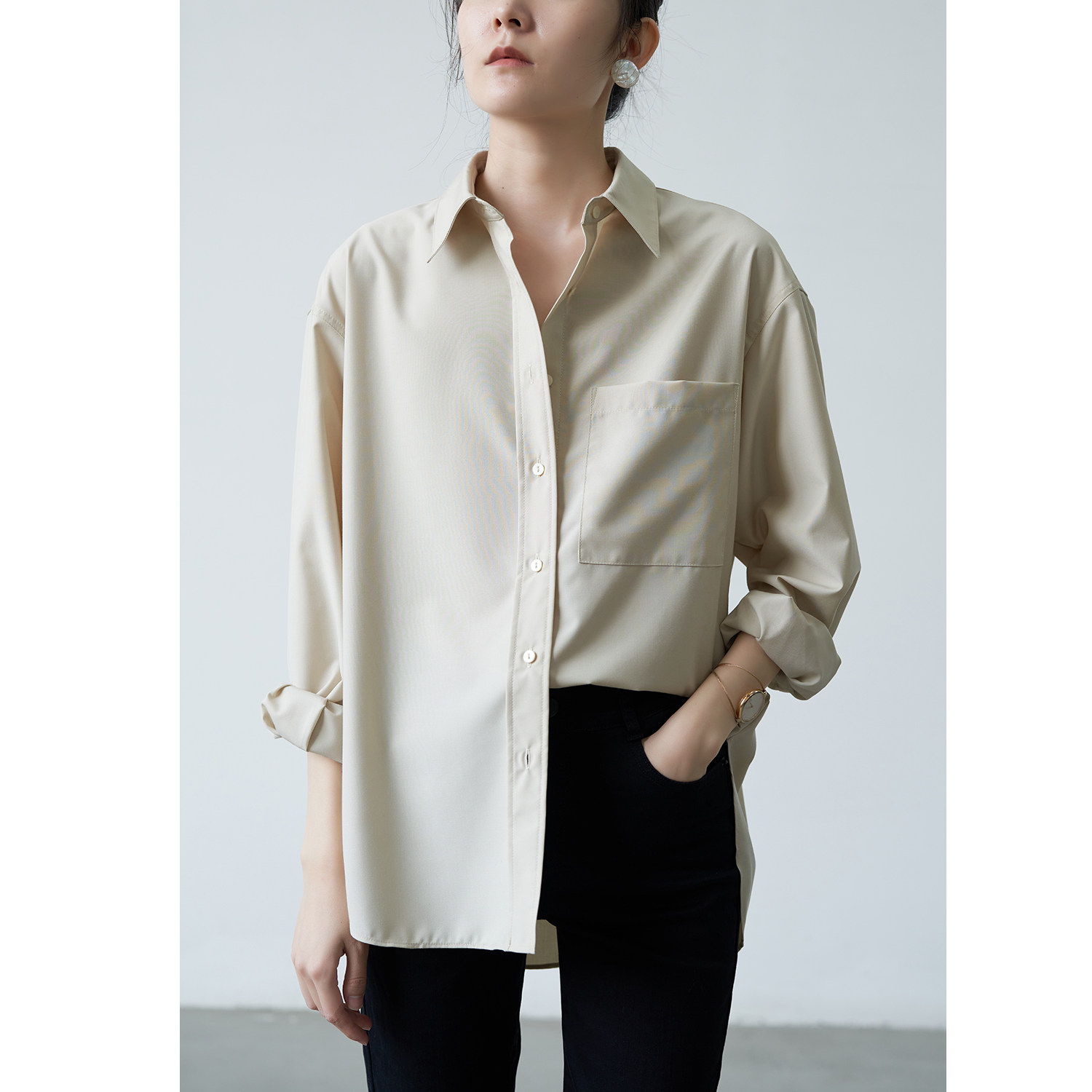SS STUDIO EARLY SPRING BLOUSES DESIGN SENSATION RETRO PORT WIND Relaxed Profile Pocket Do N't Make Long Sleeve Shirt Woman