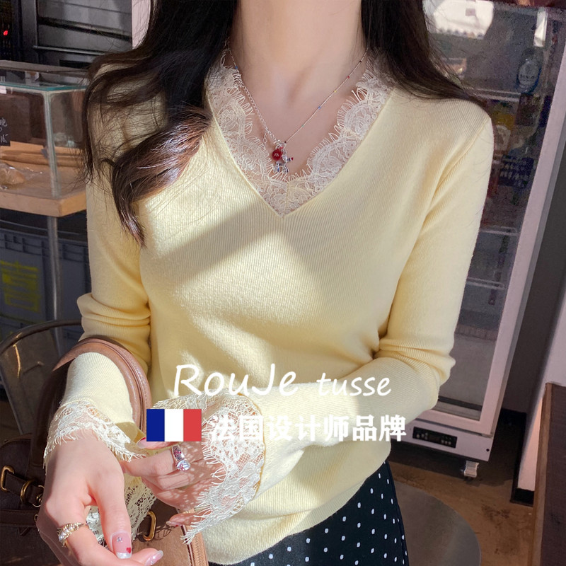 Rouje Yellow V-Neck Lace Wool Base Sweater for Women, Stylish Cashmere Knit Top Rouje Yellow V-Neck Lace Wool Base Sweater for Women, Stylish Cashmere Knit Top