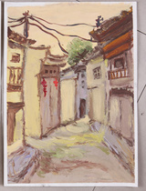 Original gouache landscape painting Wuzhen gouache painting 4 open color Xitang Wuzhen Longmen color landscape West pass sketch