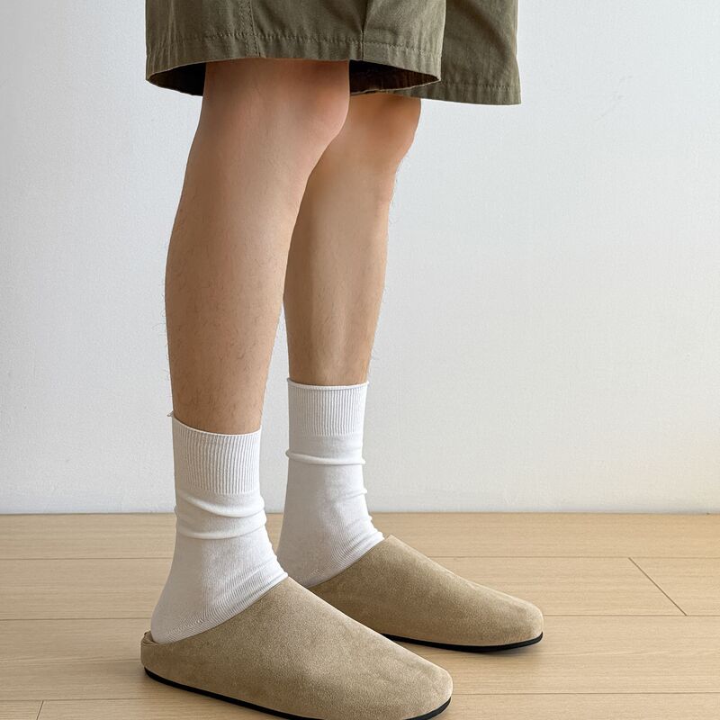 White Stacked Socks for Men, Autumn Mid-Calf Trendy Youth Thin Cotton Japanese Style Gray Long Seamless Artistic Growth Socks