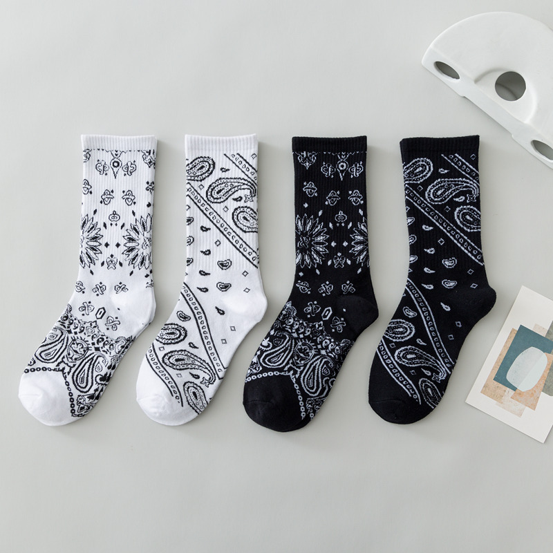 Cashew Flower Socks for Men, Mid-Calf, Summer Trendy Breathable Black and White Long Socks, Trendy Brand, Japanese Style, Versatile, High-Waisted, Hip-Hop