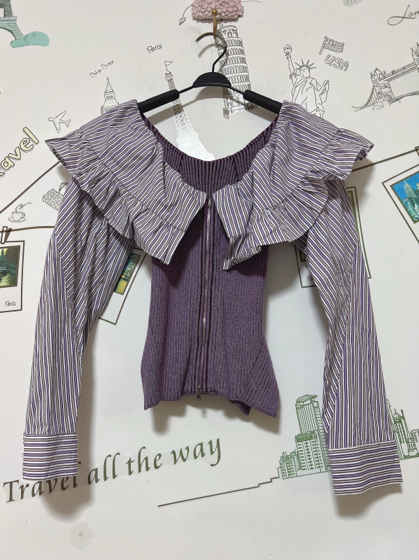 European-Style In-Stock Fashion Simple Off-Shoulder Ruffle Elastic Fitted Shirt Niche Striped Top