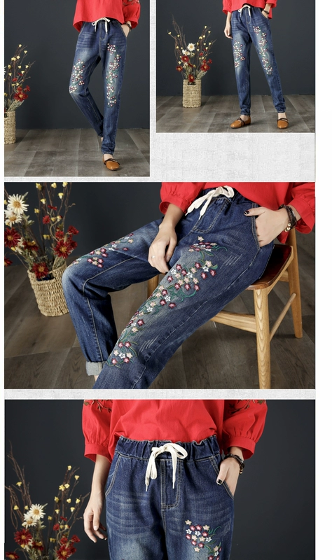 Quần jeans thêu nữ dáng lửng retro phong cách quốc gia xuân hè 2018 mới mỏng eo cao cỡ lớn quần mới lực lượng tuần