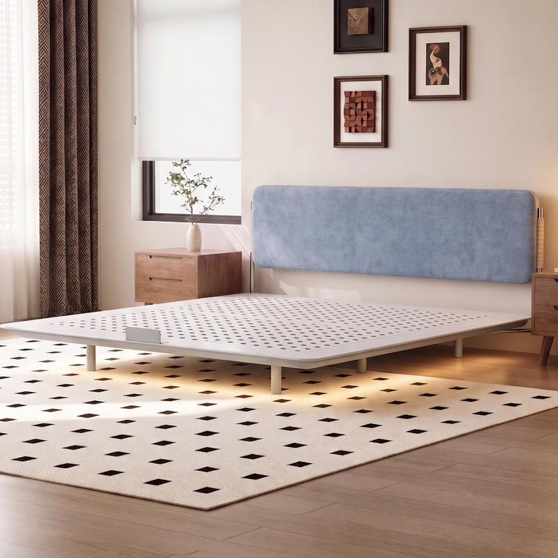 Kixoon Ultra-Thin Bedside Floating Bed Carbon Steel Wrought Iron Small Apartment Bedroom with Removable and Washable Fabric Headboard and Edge-To-Edge Bed