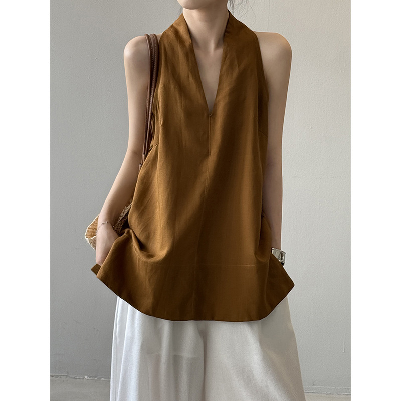 2025 New High-End Simple Linen Tencel V-Neck Sleeveless Shirt for Women, Summer Thin Breathable Loose Vest