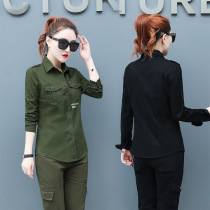 Spring Summer Outdoor Climbing Black Big Code Lady Travel Army Fan Lining Pure Cotton Army Green Camouflay Womens Dress Shirt Able