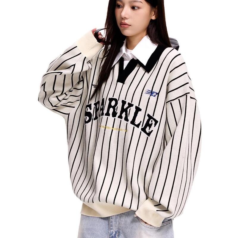 Design-Focused Niche Striped Sweater for Men and Women, Loose-Fitting American-Style Baseball Polo Collar Couple Knit Top for Autumn and Winter Design-Focused Niche Striped Sweater for Men and Women, Loose-Fitting American-Style Baseball Polo Collar Couple Knit Top for Autumn and Winter