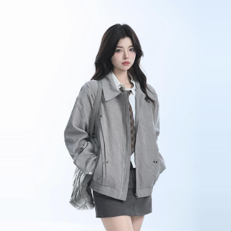 Sweety Original National Trend Retro High-End Gray Pleated Texture Jacket for Women, Designer Niche Loose Coat Trend