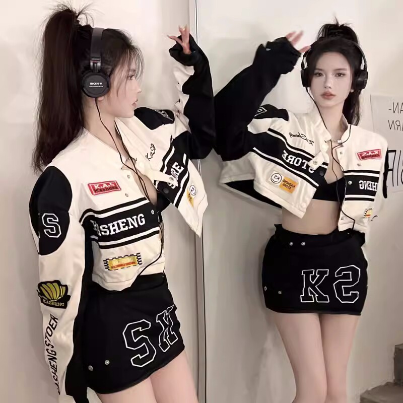 アメリカンレトロベースボールジャケットショートコート（女性用）、春秋用、高級ニッチモーターサイクルジャケットトップ、小柄な方向け