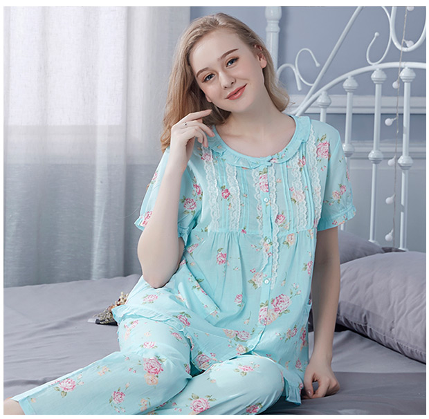 Isfin hè mới đồ ngủ nữ cotton ngắn tay thoải mái và thoáng khí dịch vụ tại nhà hai mảnh 38871 - Bộ Pajama những kiểu đồ bộ may đẹp
