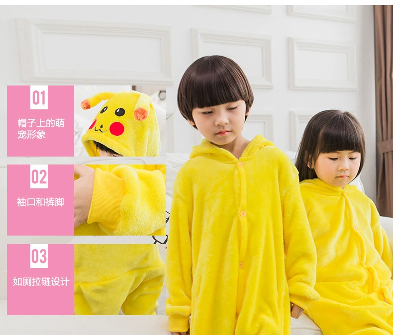 Coral nhung Pikachu phim hoạt hình dành cho người lớn động vật đồ ngủ liền kề nam và nữ tình nhân trẻ em trang phục nhà cha mẹ-con