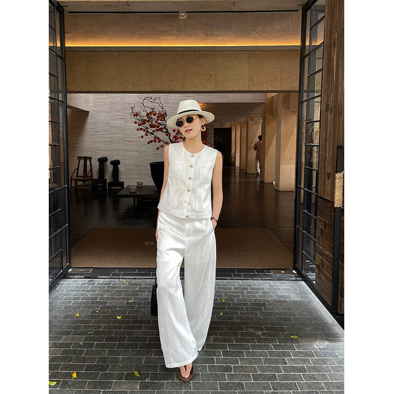 M Five Wanwei White Curved Hem Long Pants for Women 2026 Summer Breathable Drapey Linen-Like Wide-Leg Casual Pants M0005-1