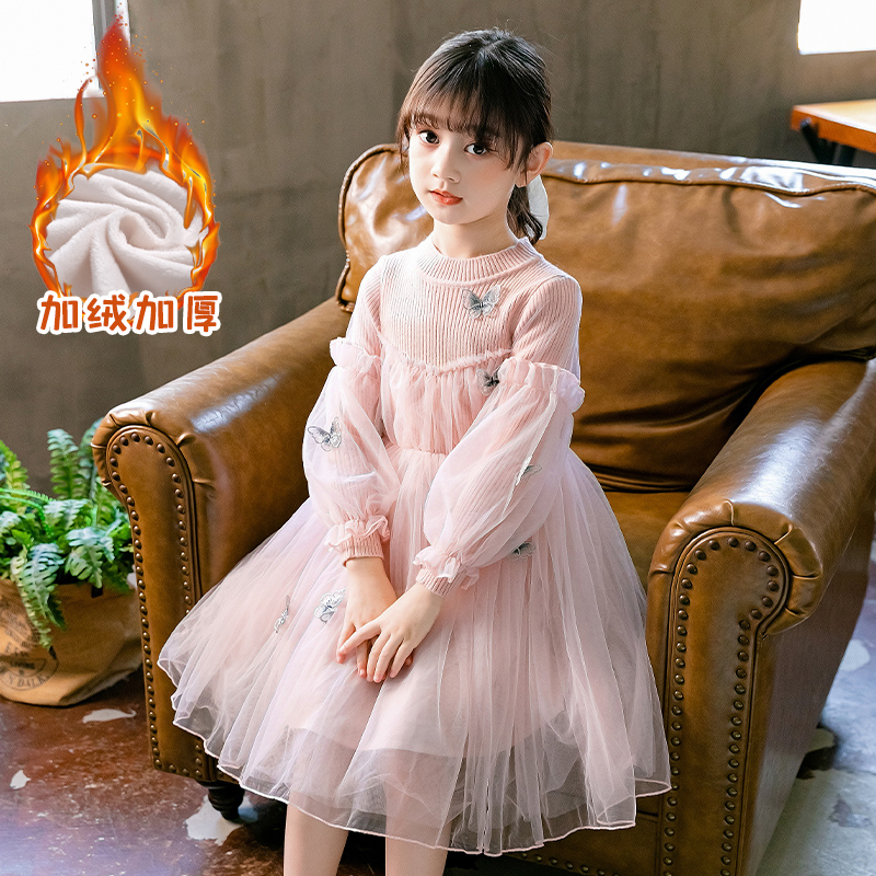 Girl dress autumn 2021 New plus velvet children autumn winter western style princess skirt winter dress children sweater dress
